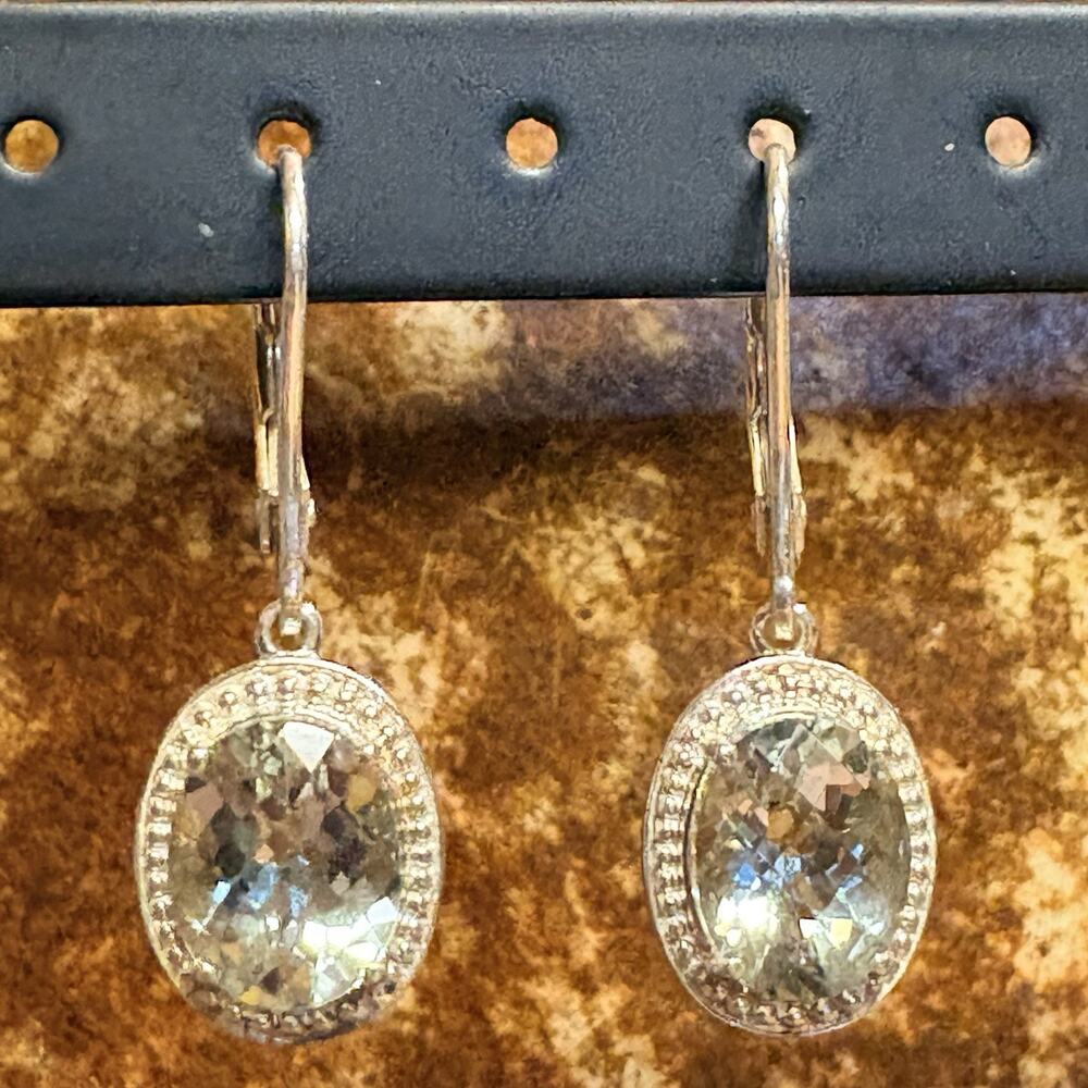 Sterling Silver and Oval Faceted Prasiolite Dangle Earrings 1.25 Inches Long
